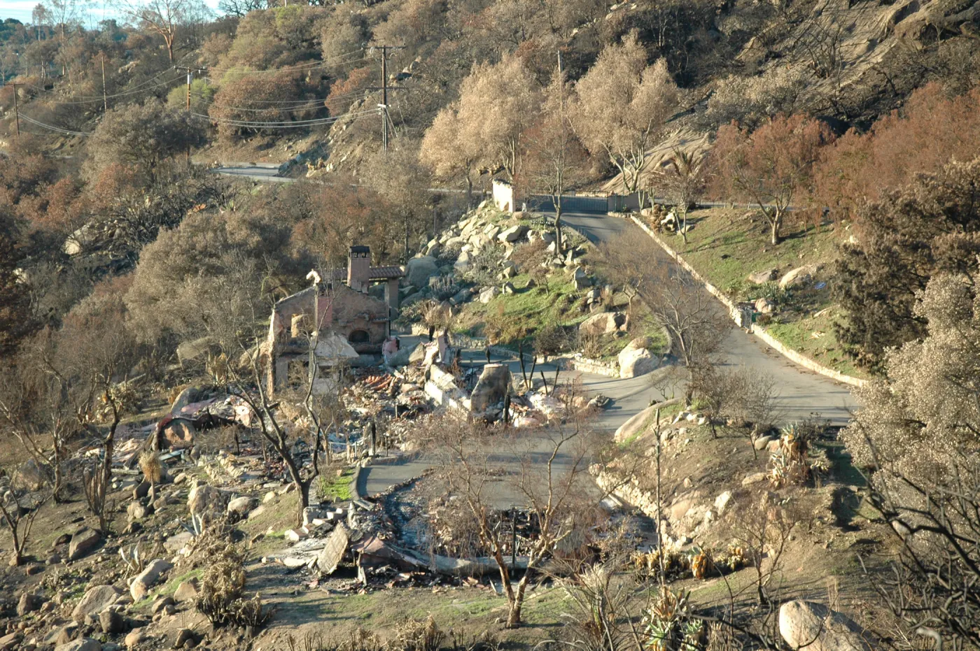 Tea Fire, Mountain Drive, burned home site, unburned fuel surrounding home site