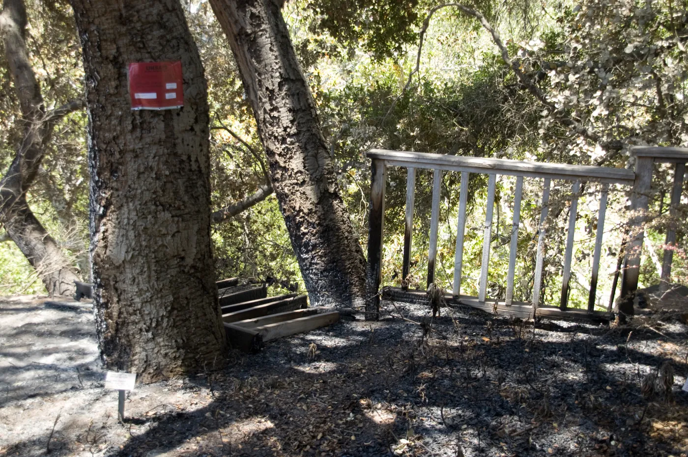 red tag, burned railing along the canyon rim, adjacent to the cottage, after the Jesusita Fire