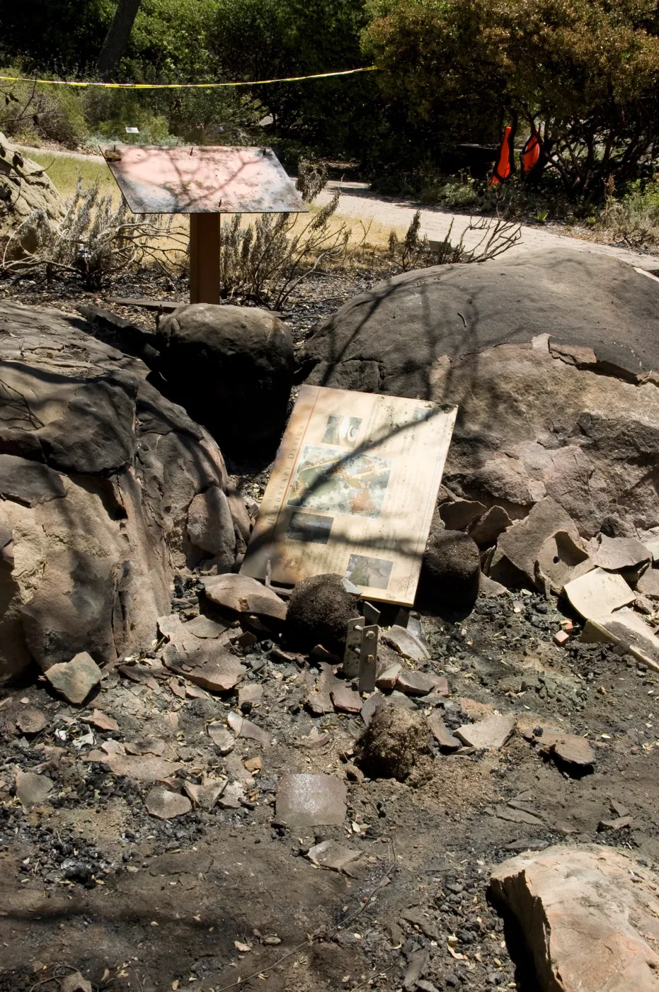'Hardscape design', burned interpretive sign, formerly placed along the Home Deomstration deck, after the Jesusita Fire
