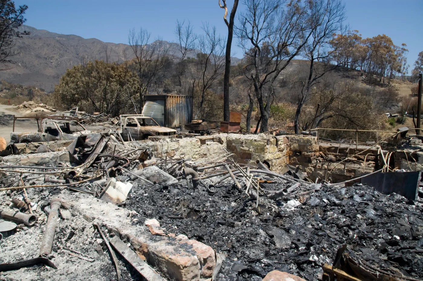 Gane House site, after the Jesusita Fire, view of burned Santa Ynez Mountain slopes behind