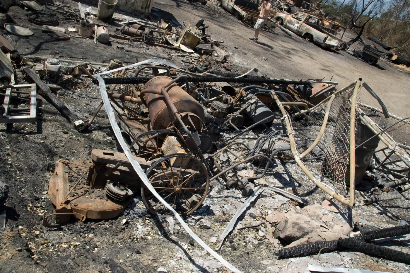 burned equipment at the Gane House site, after the Jesusita Fire