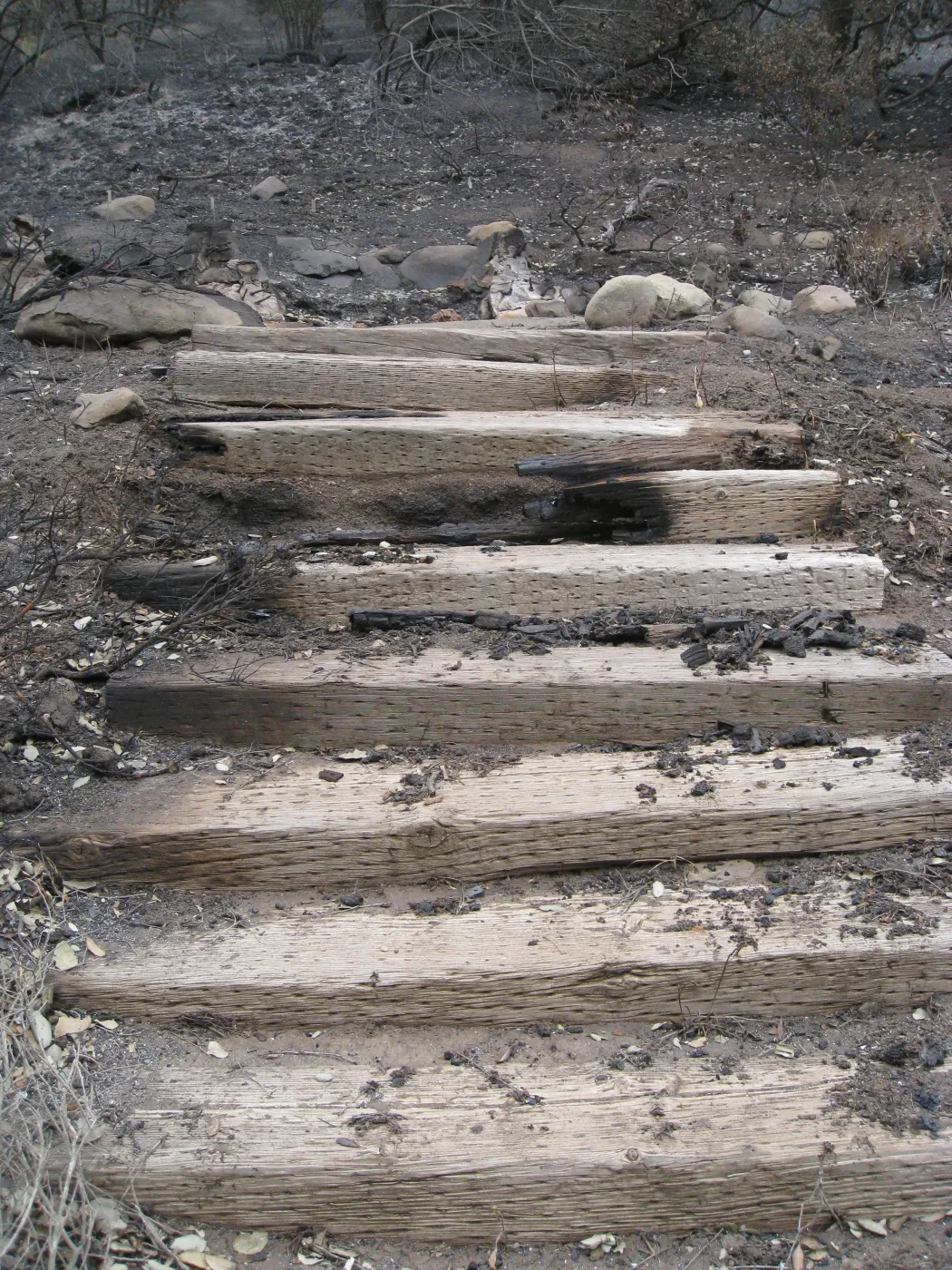 Meadow View wood steps burned by the Jesusita Fire