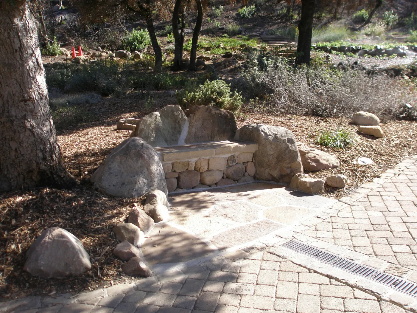New stone bench in the Meadow View after the Jesusita Fire