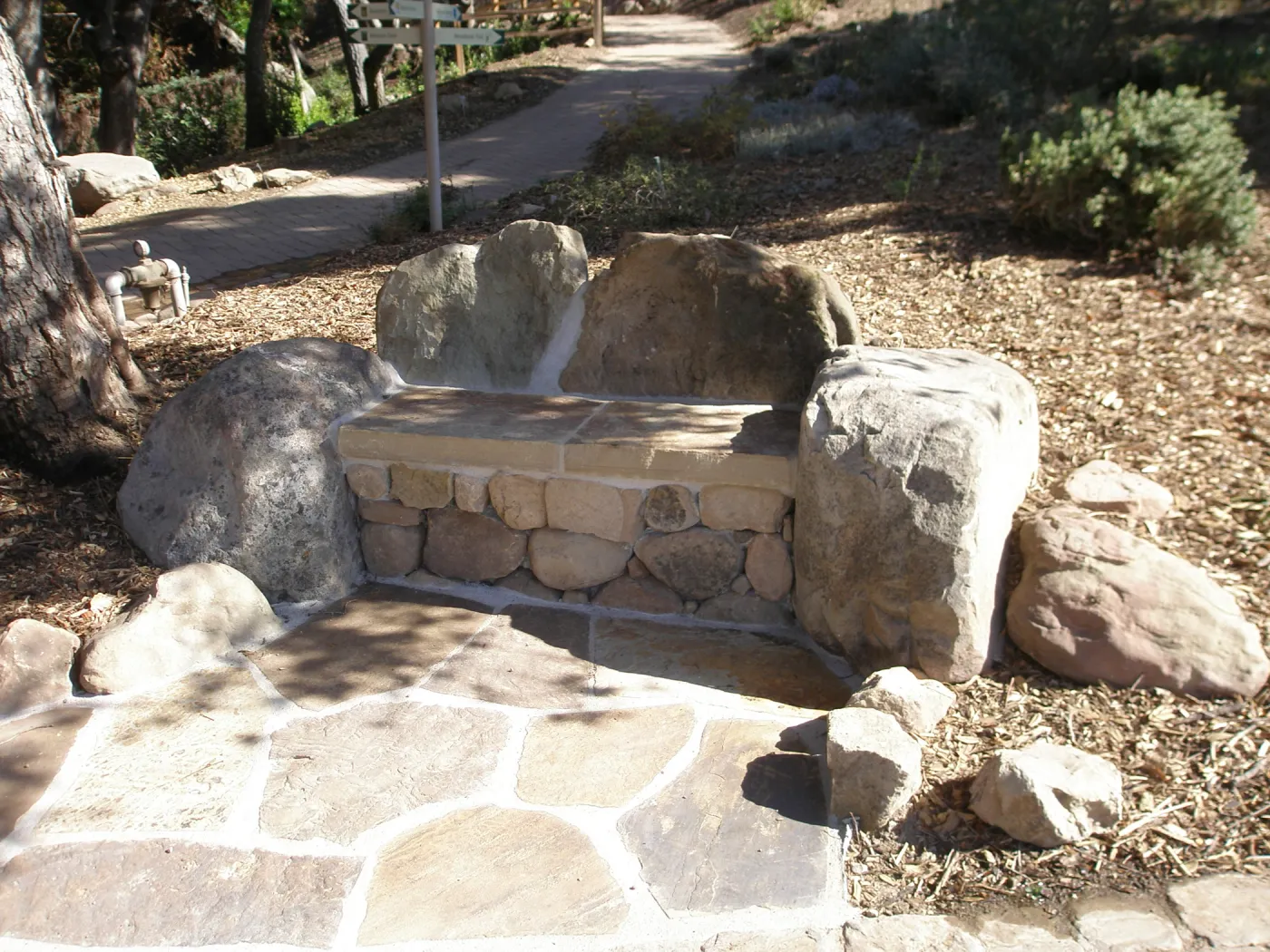 New stone bench in the Meadow View after the Jesusita Fire