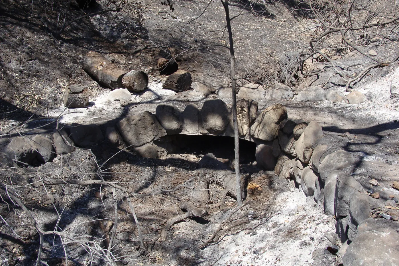 Stone reinforced footbridge on the Pritchett Trail, drainage ditch from Tunnel Road, after the Jesusita Fire