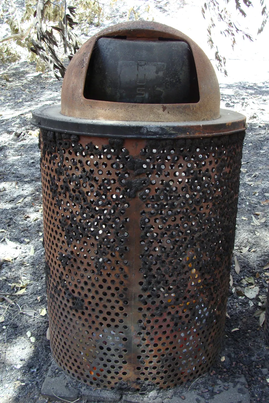 burned trash can along the Canyon Trail, after the Jesusita Fire