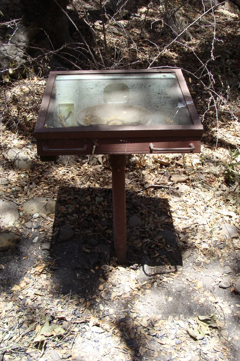Fiber Arts Display case, after the Jesusita Fire
