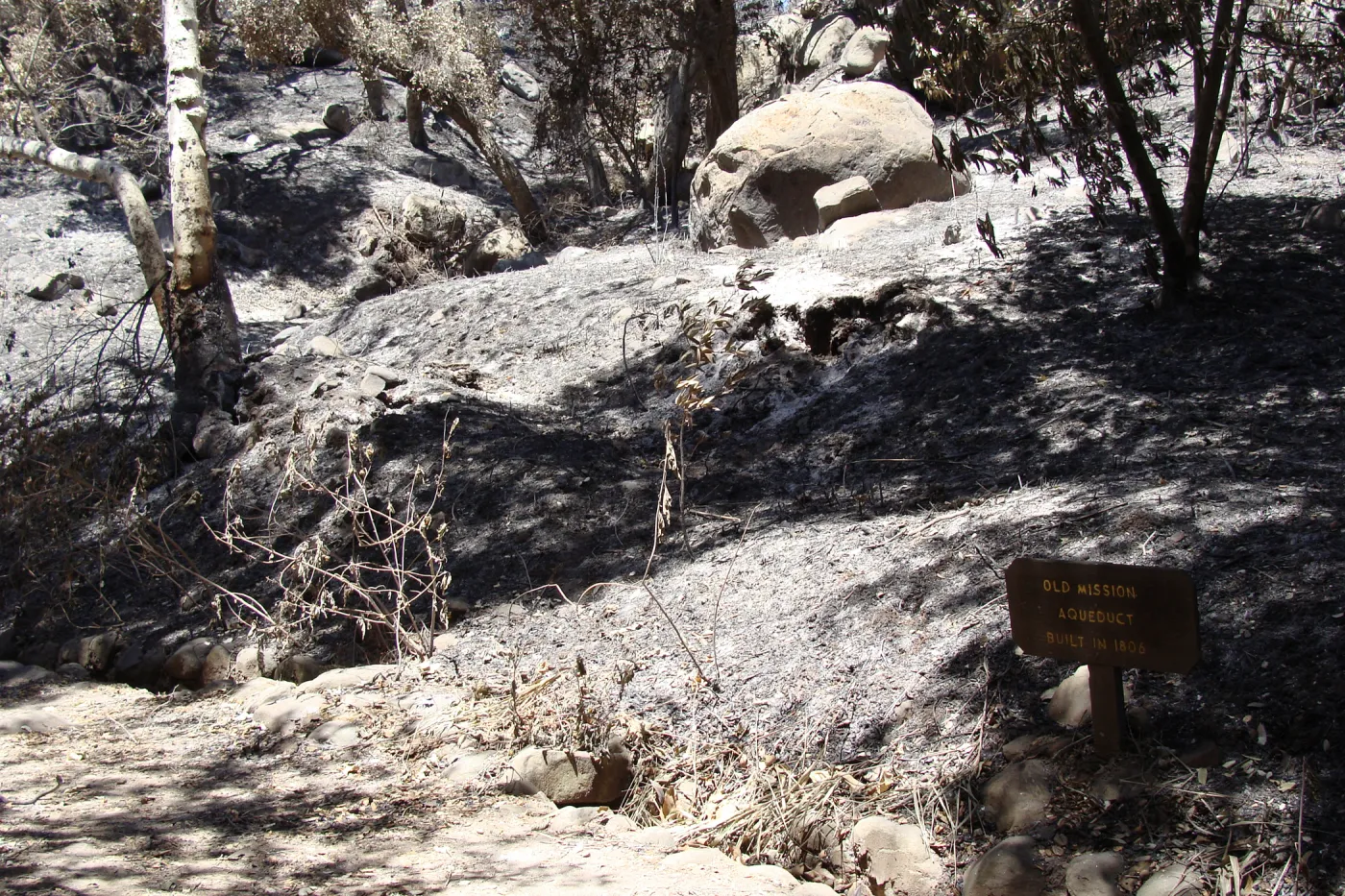 lower end of the Pritchett Trail, old Mission Aqueduct, after the Jesusita Fire