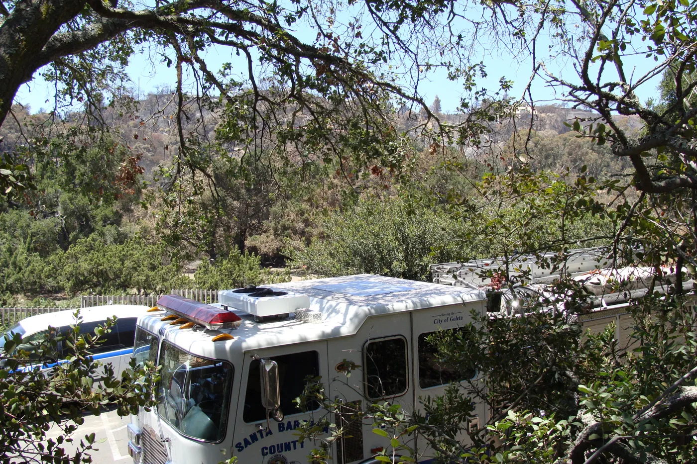 Parking lot with Santa Barbara County fire vehicle at the Santa Barbara Botanic Garden, after the Jesusita Fire