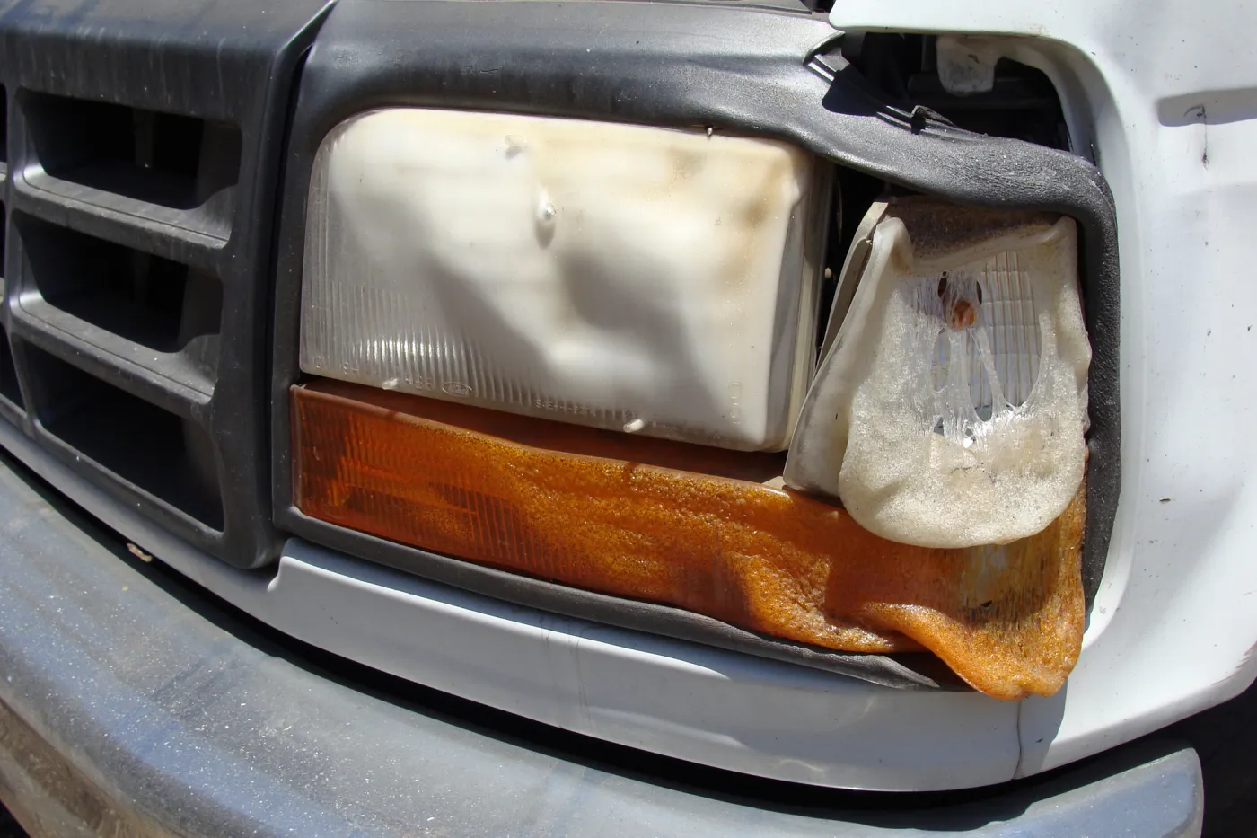 melted head light on garden truck, after the Jesusita Fire