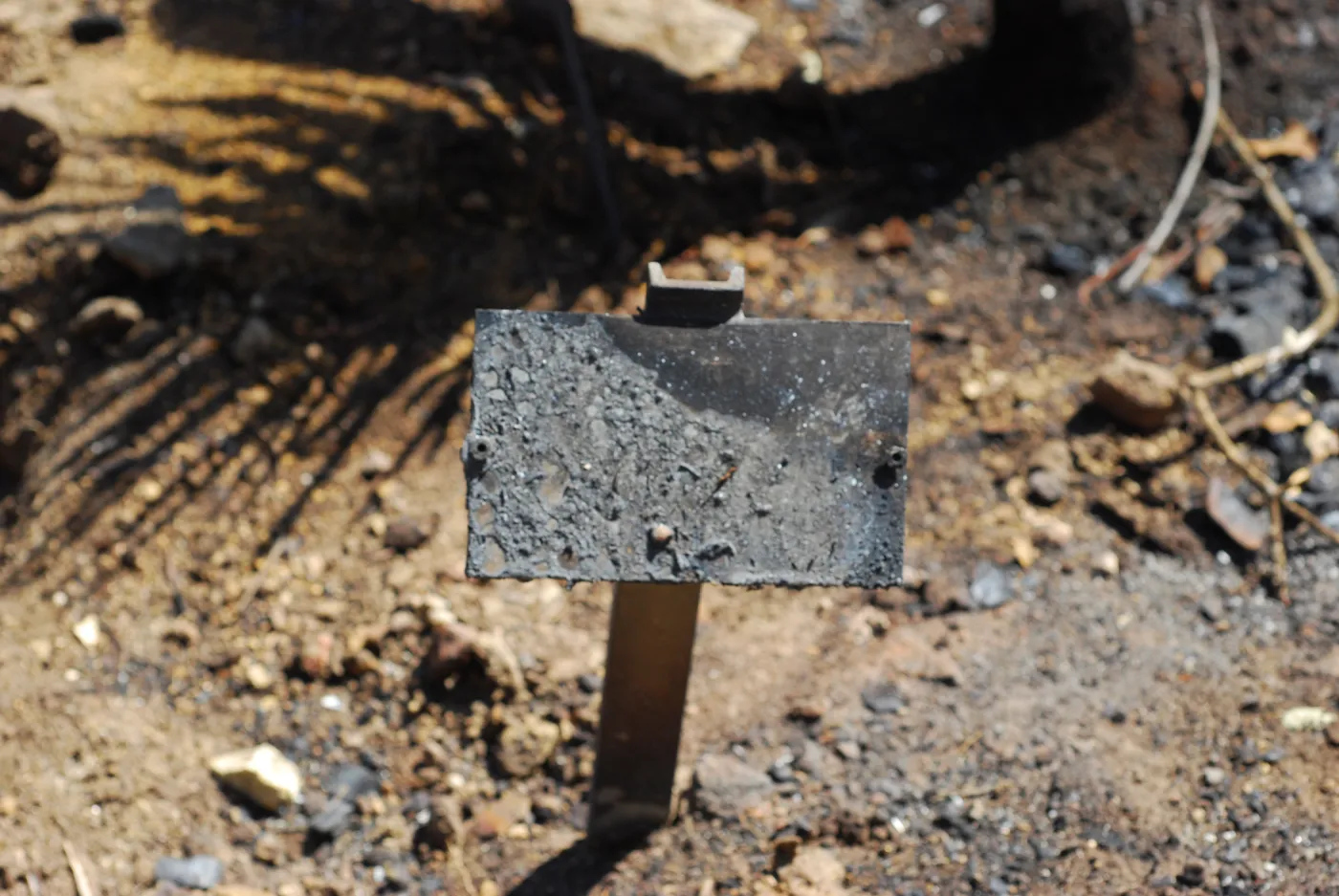 3x5 public information label, damaged signs and labels after the Jesusita Fire