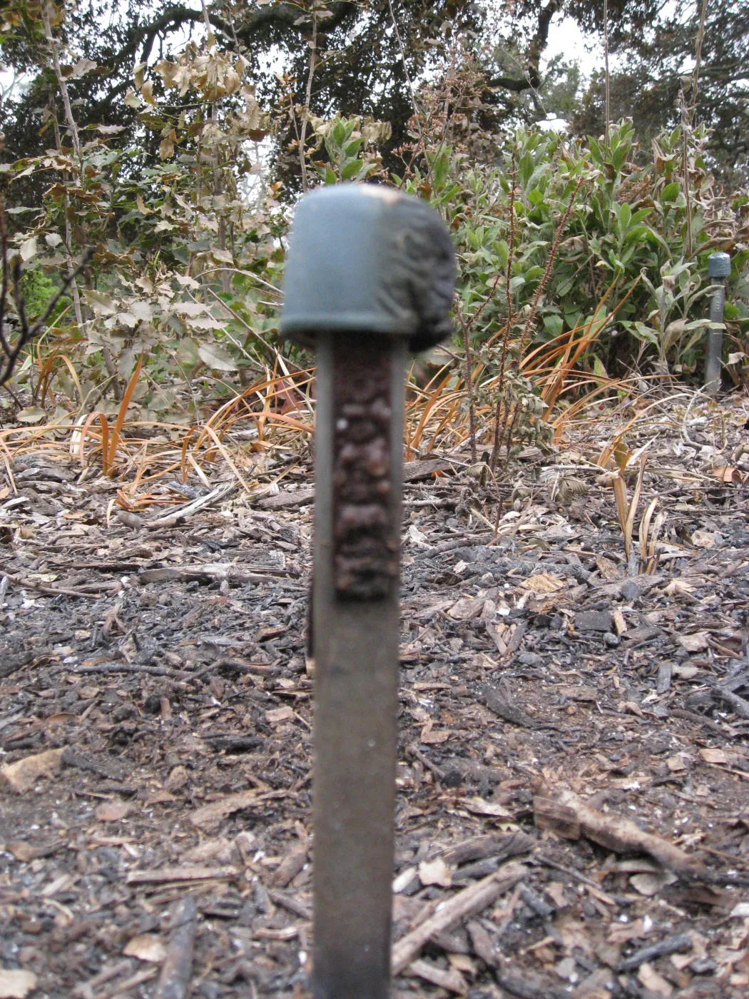 accession stake, damaged signs and public information labels after the Jesusita Fire