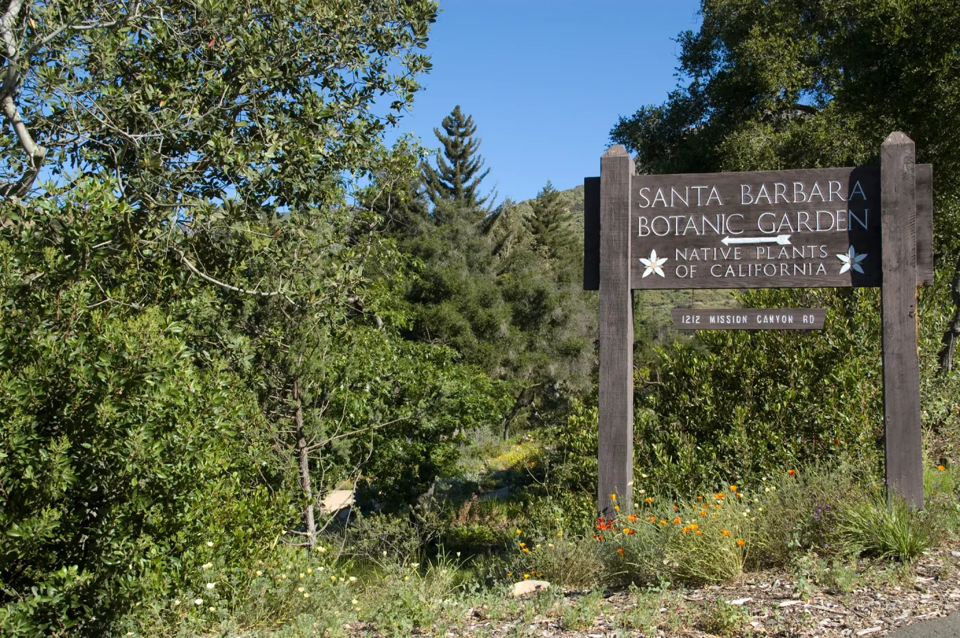 Garden Entrance sign, entrance from Mission Canyon Road, SBBG 2 years after the Jesusita Fire