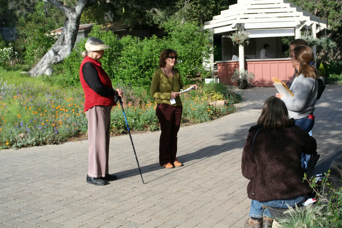 Betsy Collins leads a tour of the Dudleya Display for docents at SBBG 