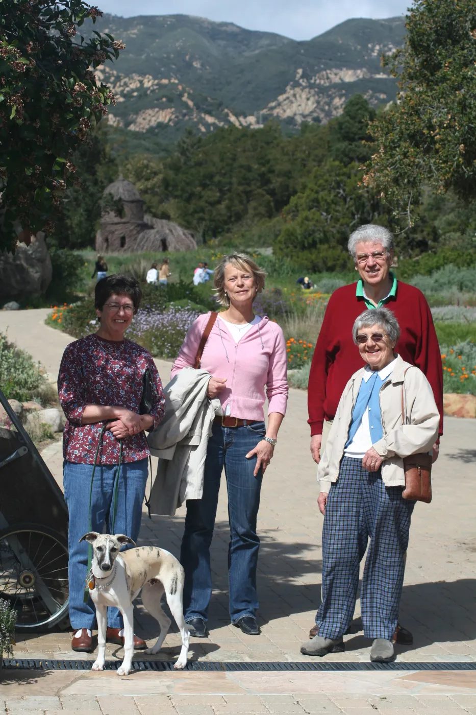 Betsy Thies with family, SBBG, dog on leash