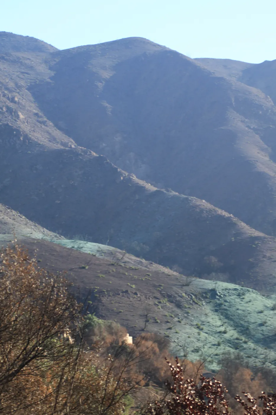 hydromulching by airplane, Santa Ynez mountains, after the Jesusita Fire, 2009