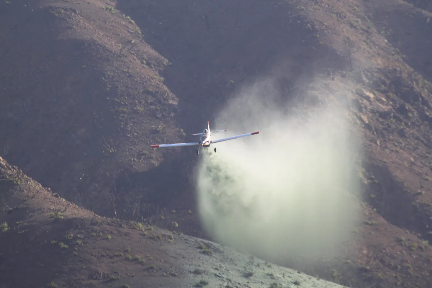 hydromulching by airplane, Santa Ynez mountains, after the Jesusita Fire, 2009