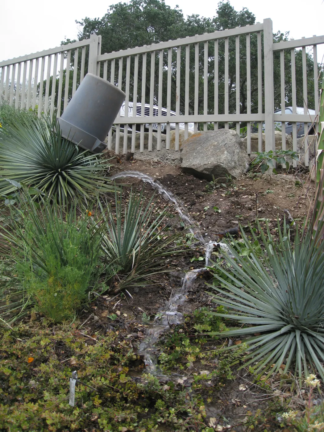 Broken irrigation pipe on parking lot bank