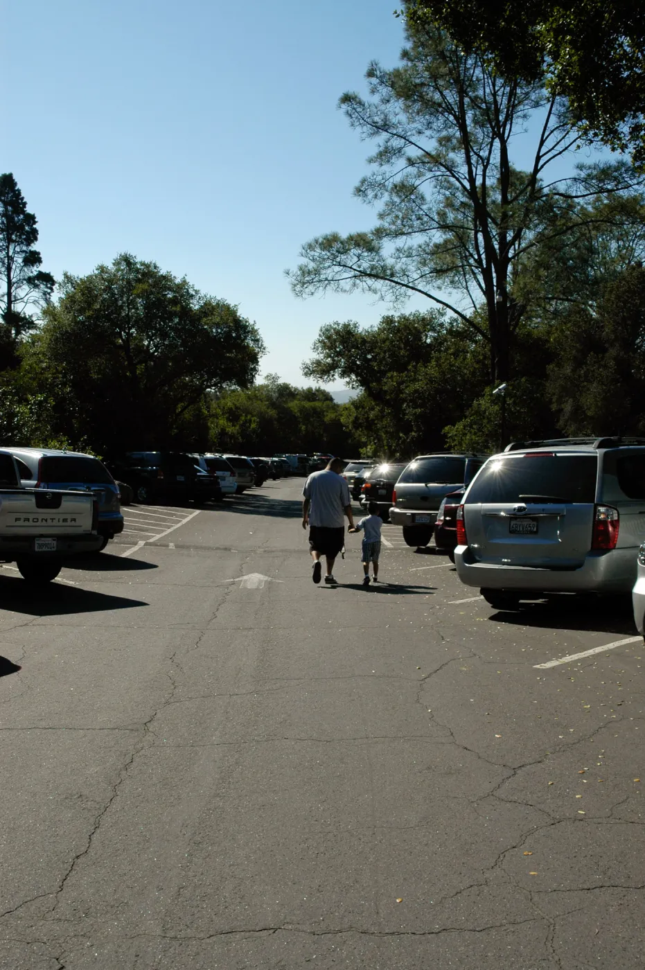 father and son on their way to the Garden entrance, parking lot, SBBG Community Free Day, October 16 2011