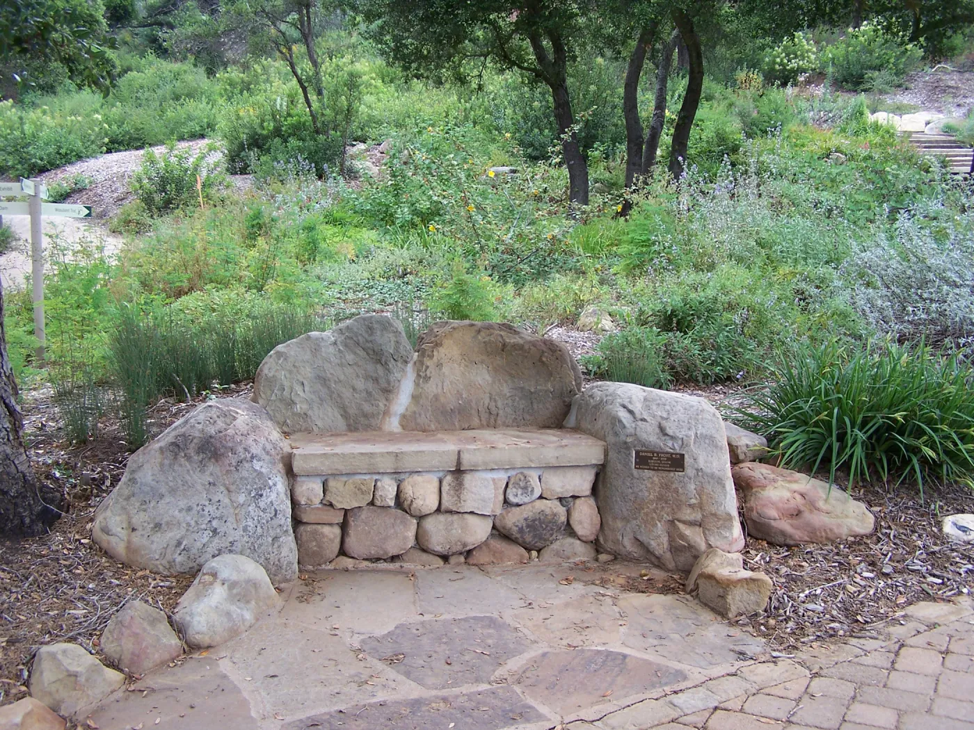 Meadow View planting area, stone bench