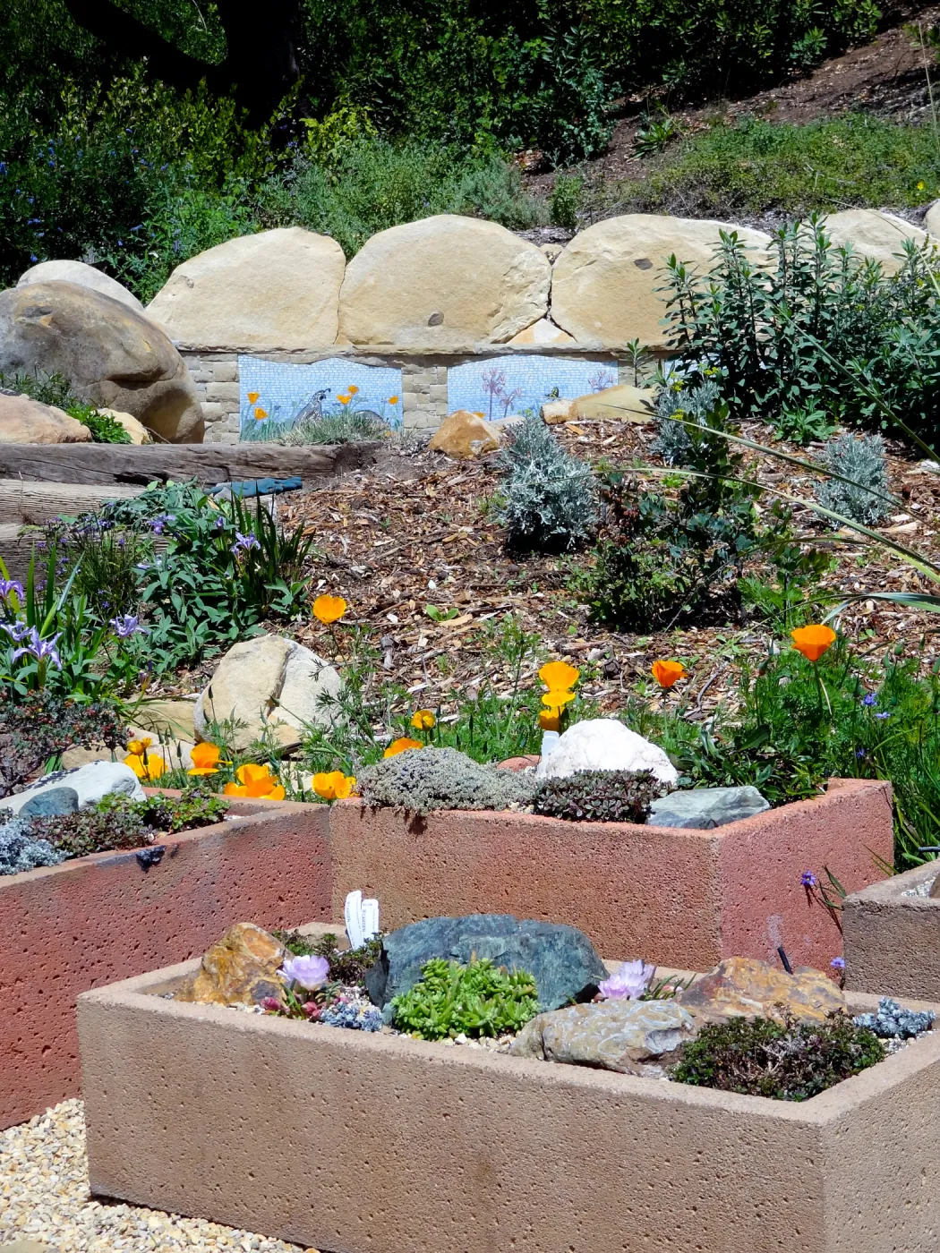 new trough gardens, Meadow View Display, mosaic by Patty Jacquemain on new stone bench