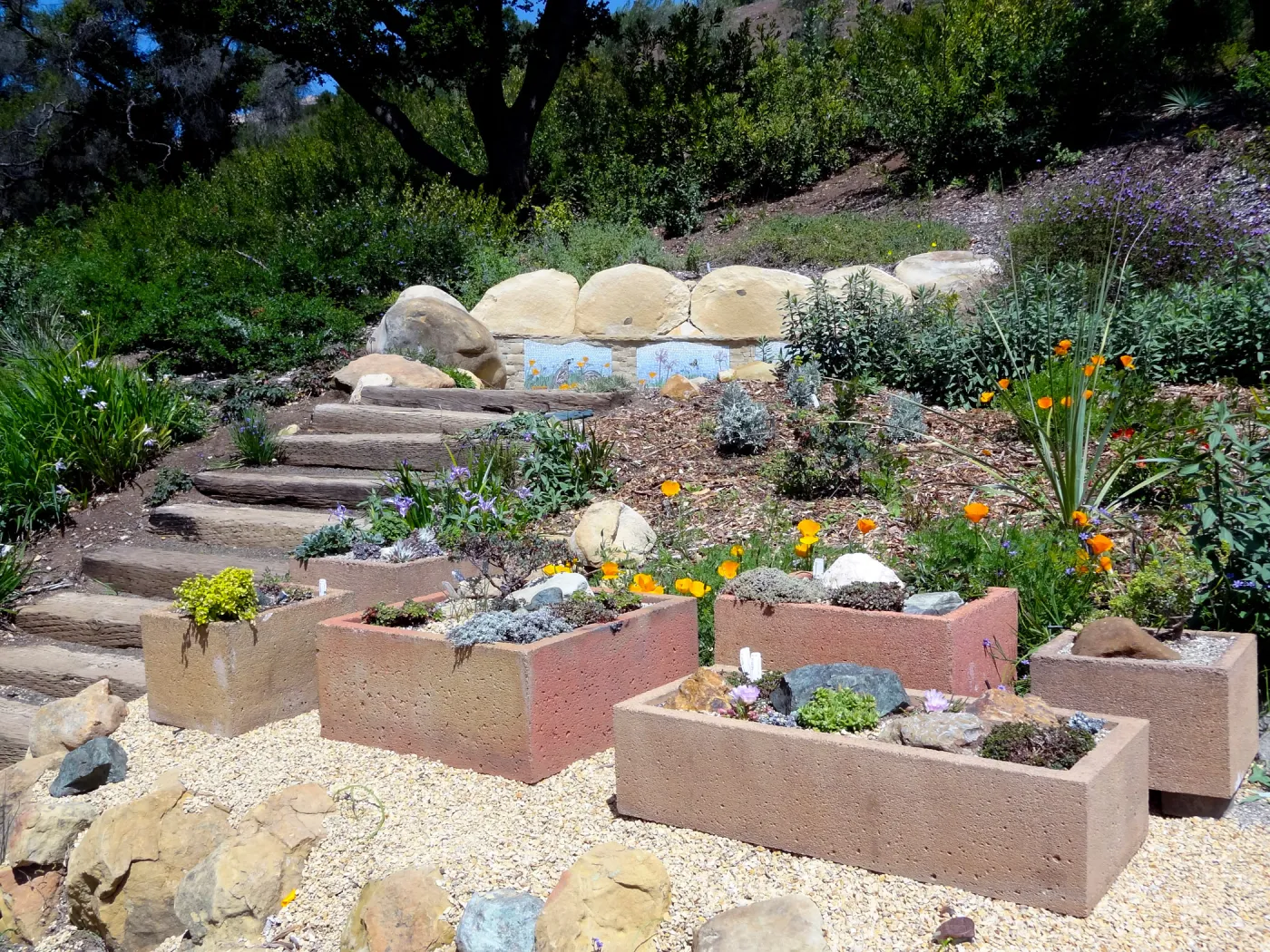 new trough gardens, Meadow View Display, mosaic by Jacquemain on new stone bench