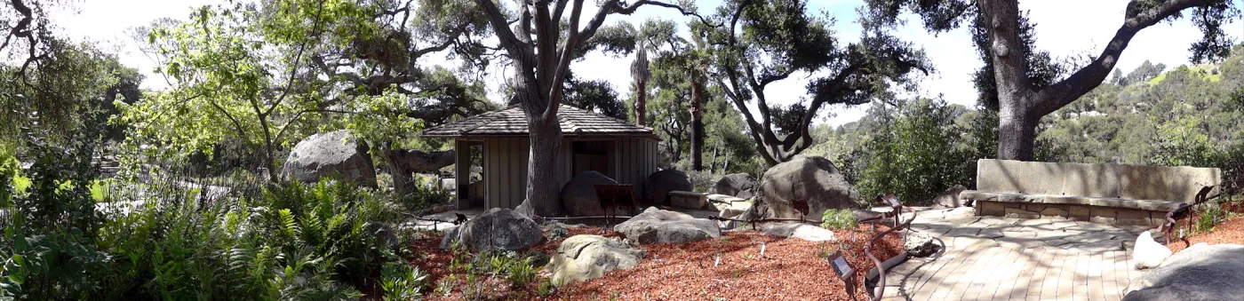 Orchid Display, Information Kiosk, Meadow Pond, stone bench, panorama