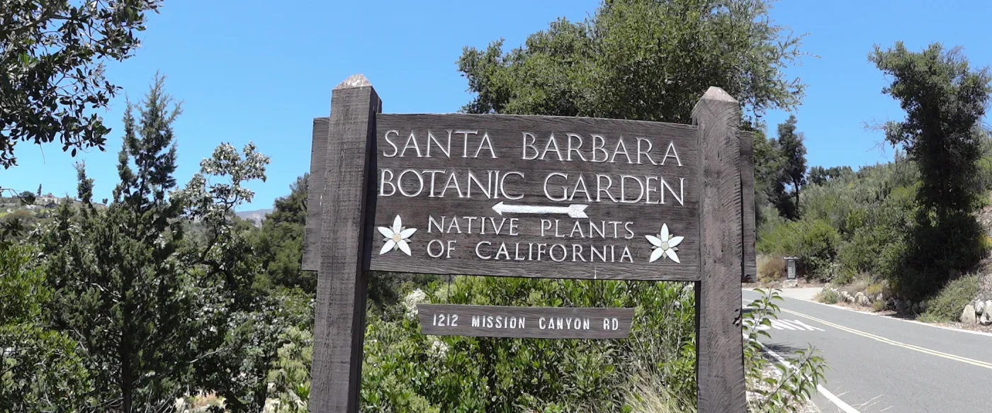 wood sign at entrance to SBBG parking lot, Santa Barbara Botanic Garden, Native Plants of California