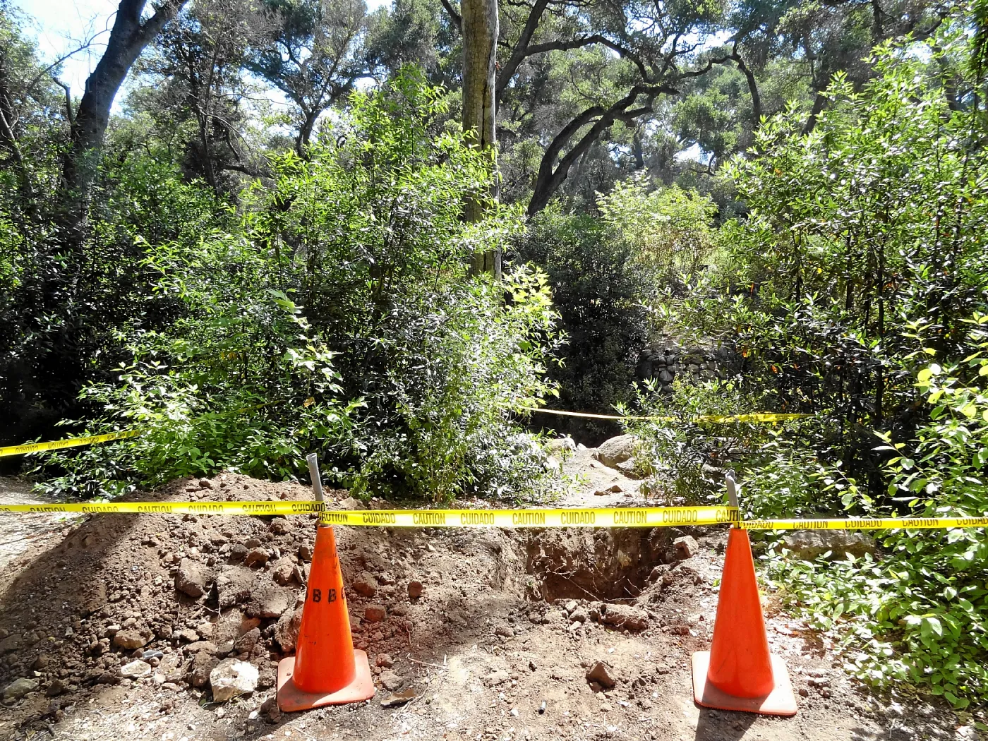 Test pit dug for soil compaction analysis, west side of Campbell Bridge