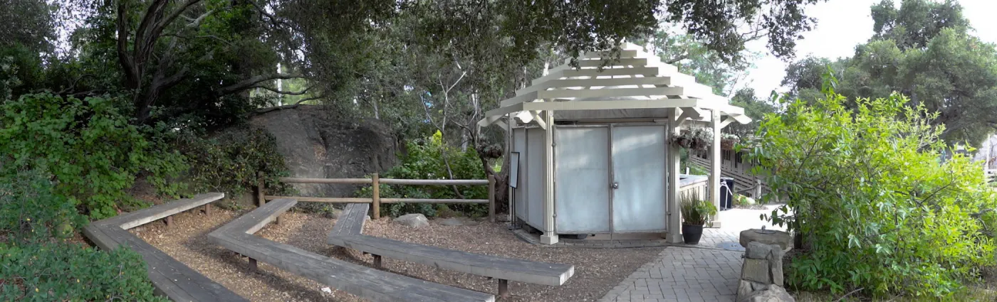 Visitor bench seating behind Entrance Kiosk, panorama