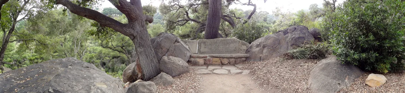 Bissel Bench, stone bench, Meadow Oaks, panorama