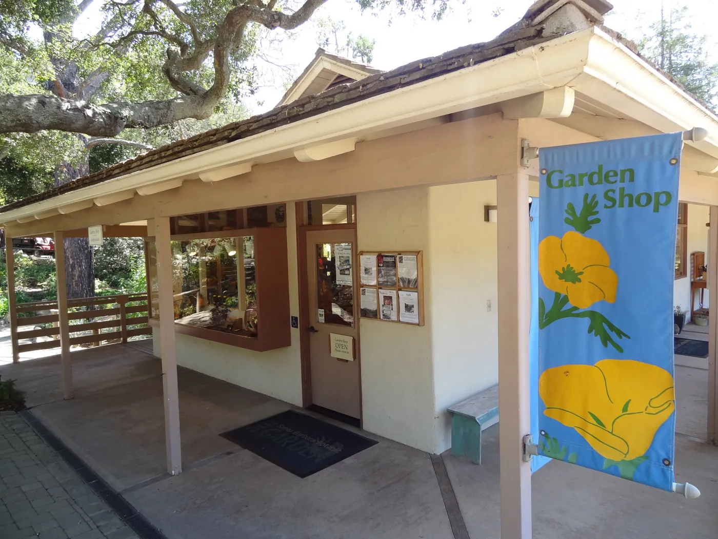 SBBG Gift Shop exterior, poppy banner, North Wing