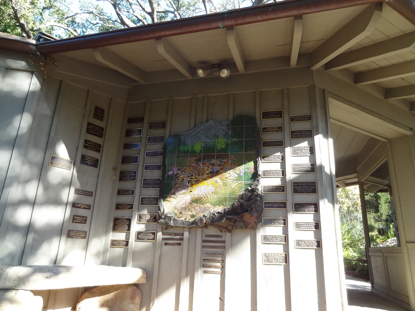 Memorial plaques on Information Kiosk, tile mosaic
