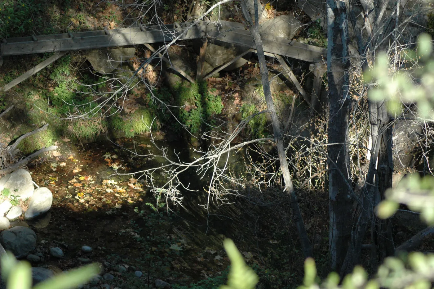 view from canyon rim down to Mission Dam and aqueduct