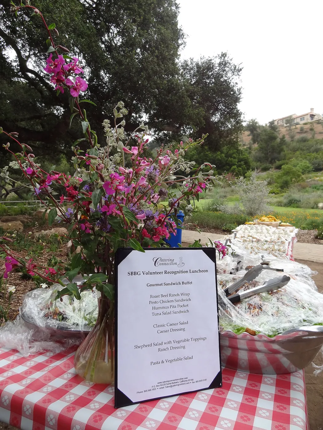 Volunteer Recognition event 2013, floral arrangement with wildflowers from the Garden, buffet table and menu