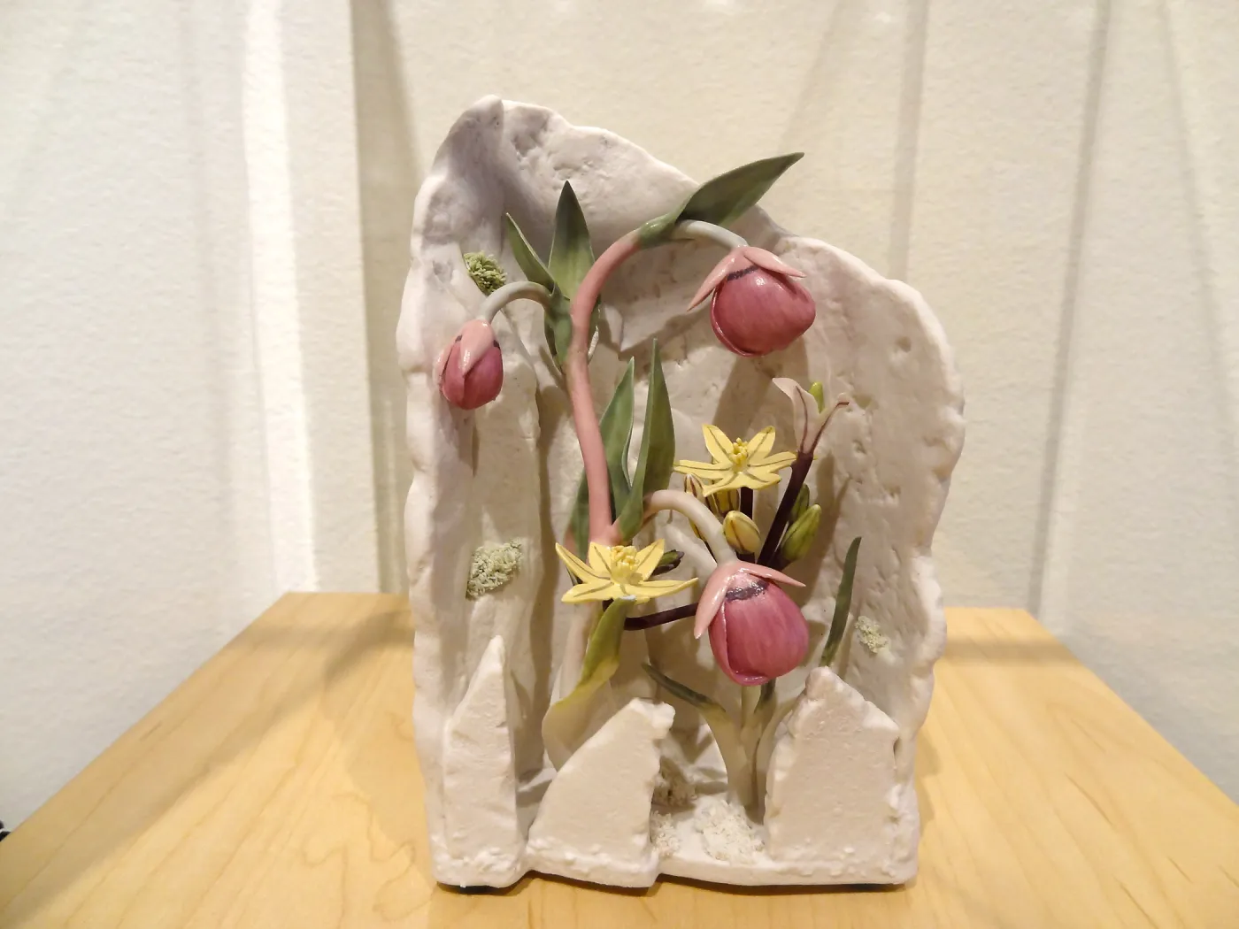 Pink Globe Lily and Golden Brodiaea, porcelain sculpture, Patrick O'Hara exhibit at the Wildling Art Museum, SBBG Blaksley Library Special Collections, Art