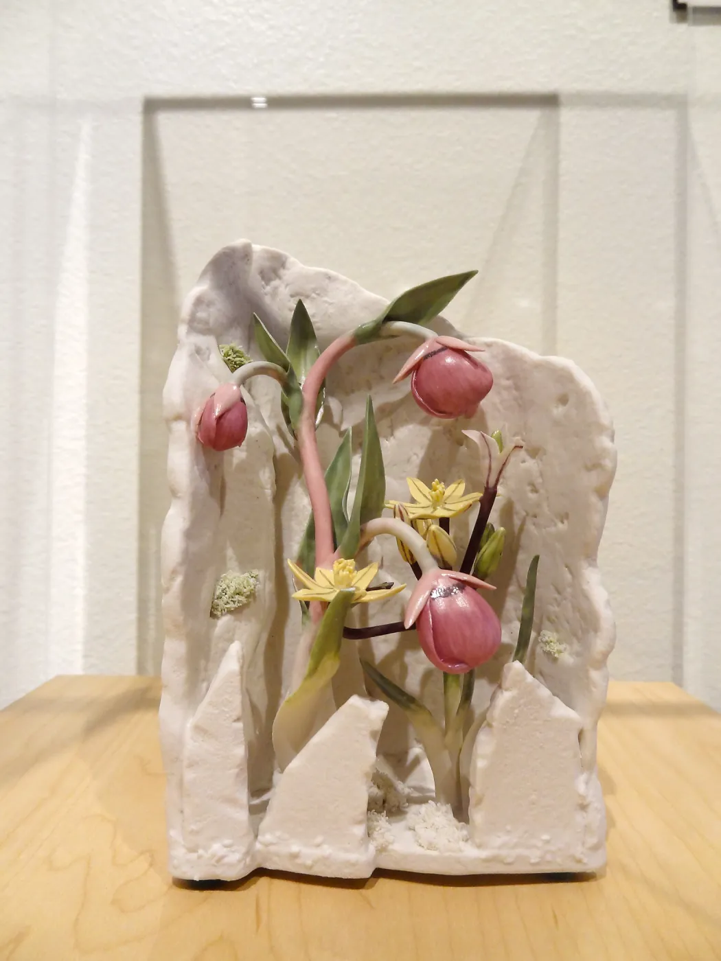Pink Globe Lily and Golden Brodiaea, porcelain sculpture, Patrick O'Hara exhibit at the Wildling Art Museum, SBBG Blaksley Library Special Collections, Art