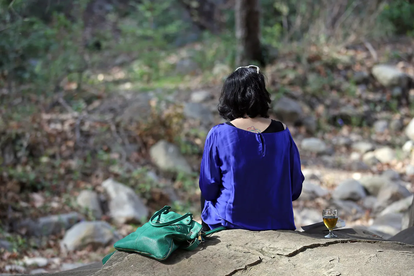 Santa Barbara Beer Garden Event, visitor seated atop a boulder above Mission Creek
