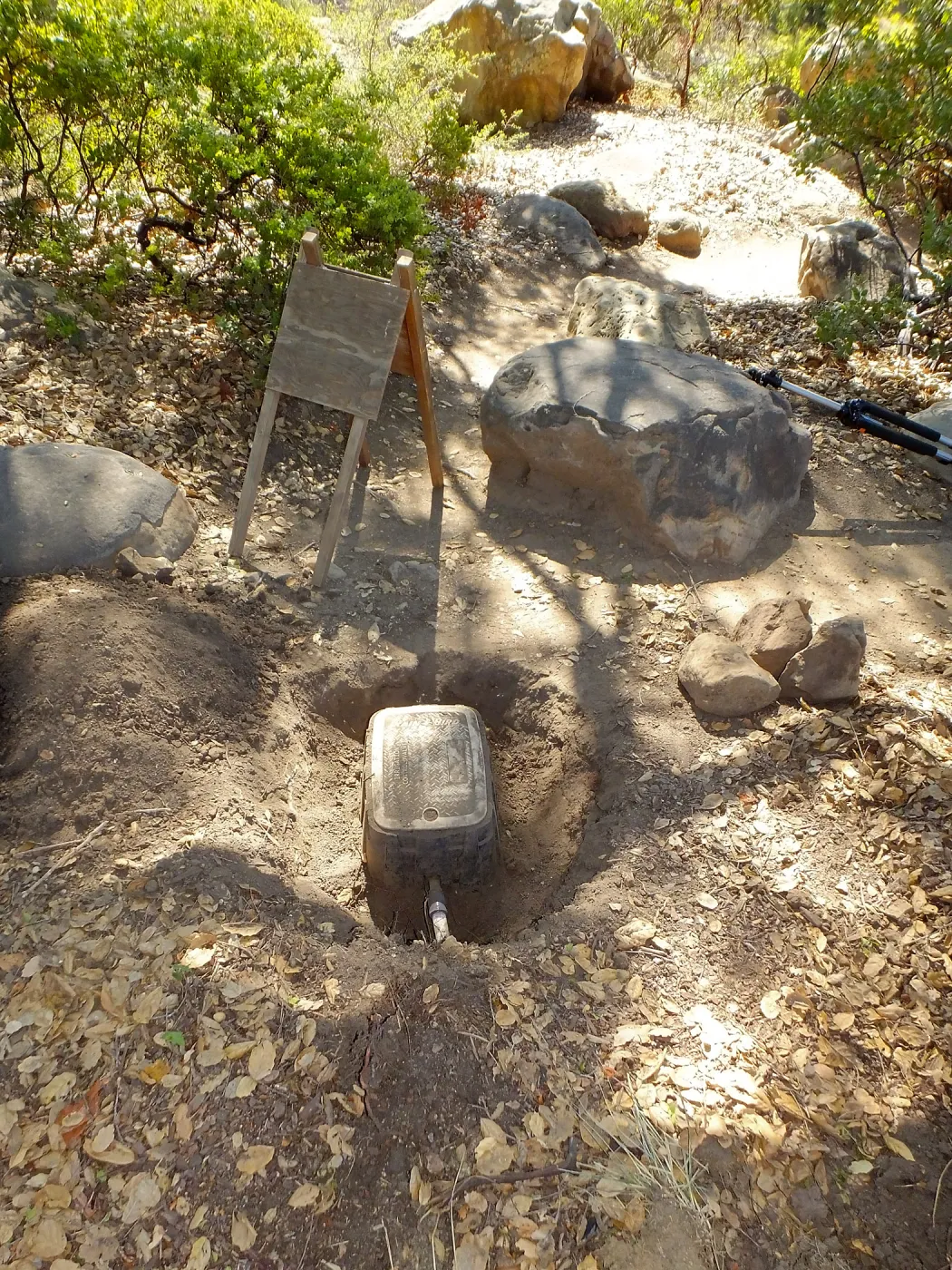 Home Demonstration Garden Renovation, first day of demolition work, irrigation box