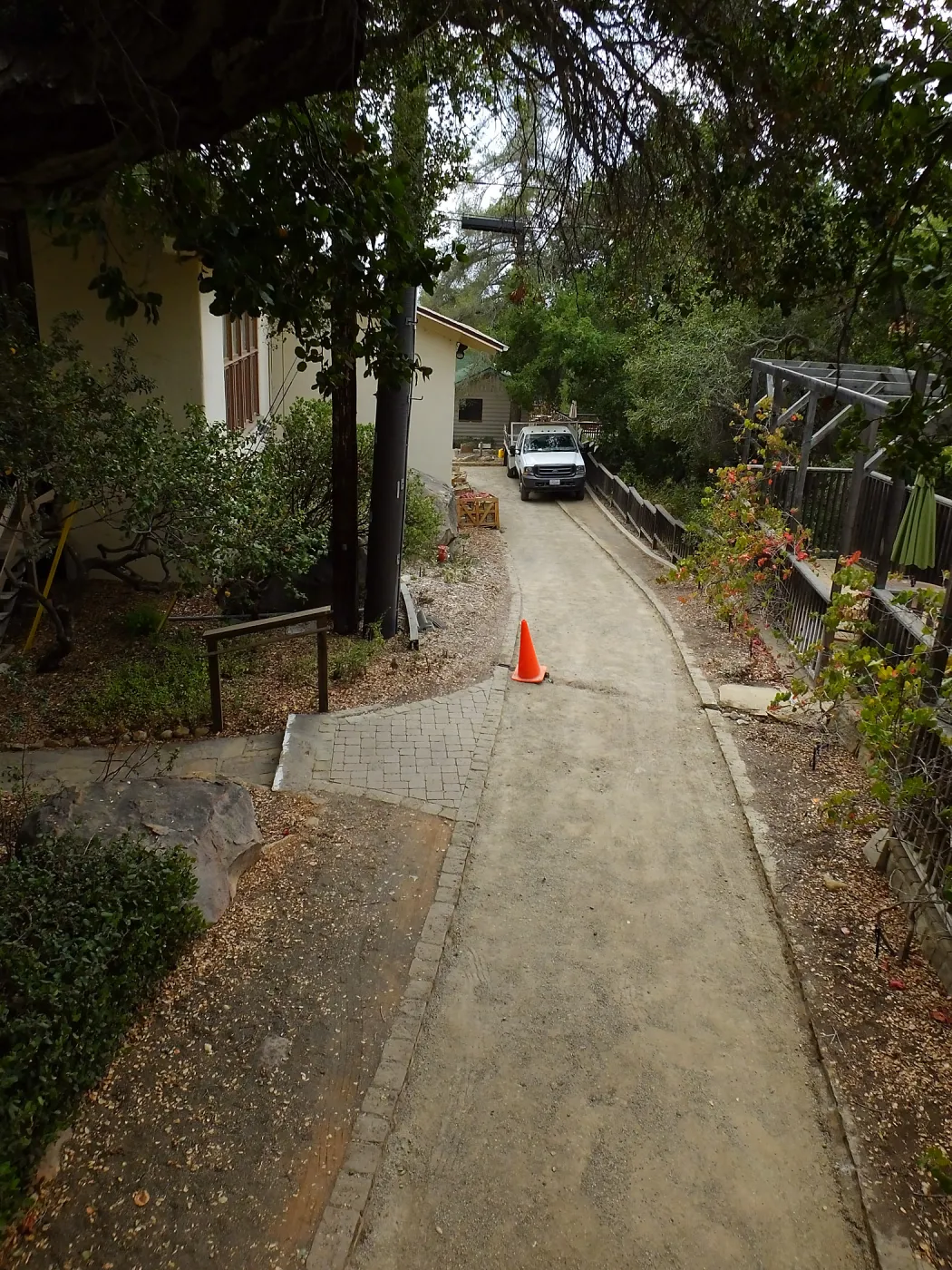 Home Demonstration Garden Renovation, view 33, looking south along path west of Herbarium, Herbarium Walkway After Demolition