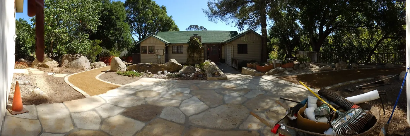 Home Demonstration Garden Renovation, view 1, panorama of north side of Cottage