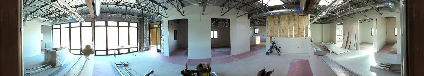 Pritzlaff Conservation Center Construction, panorama of Administrative Bullpen