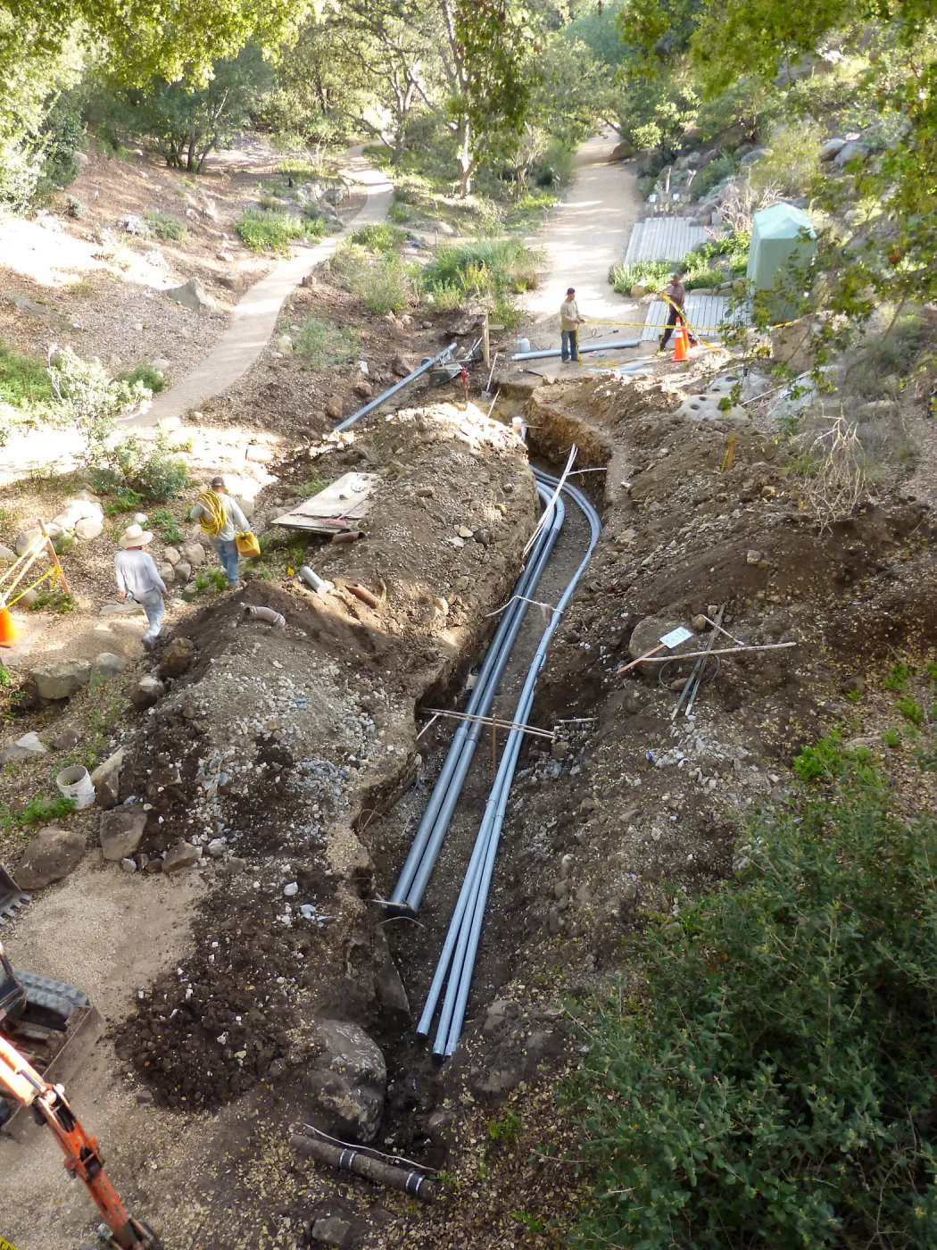 Power and data conduit being installed in the Arroyo Section, view from office deack looking south