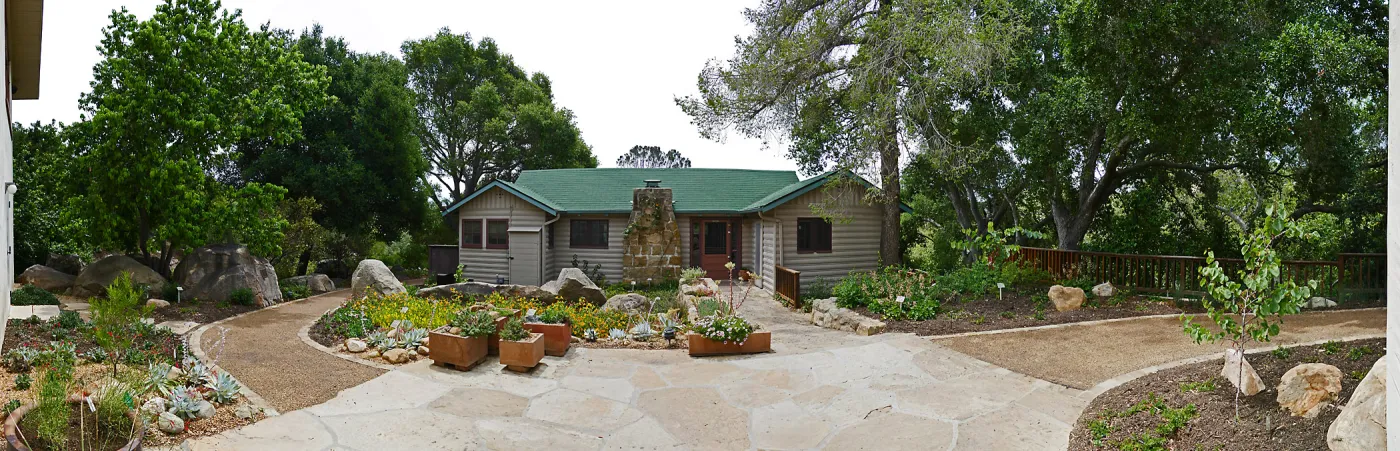 Home Demonstration Garden Renovation, view 1, panorama of north side of Cottage