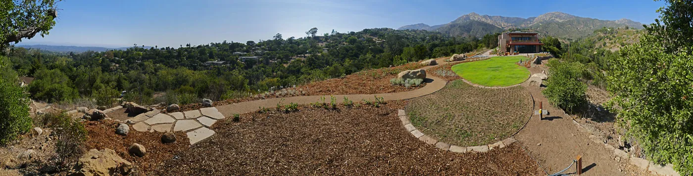 Island View Garden Installation, panorama from boulder near south steps