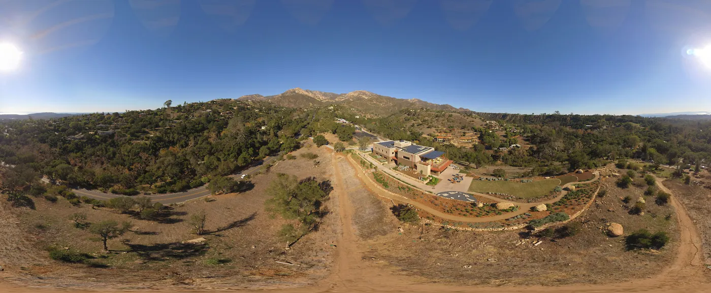 Panoramic aerial view over Island View Garden