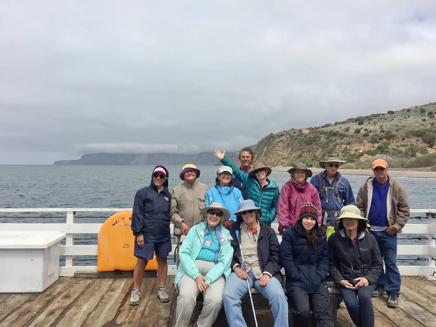 Santa Cruz Island Trip, Group shot on pier (Inge Rose, Larry Disharoon, Rick Zelazny, Diana Blanchard, Diane Fox, Steve Junak, Dale Parks, Jan Stone, Madeline Fay, Michelle Gee, Irene Lam)