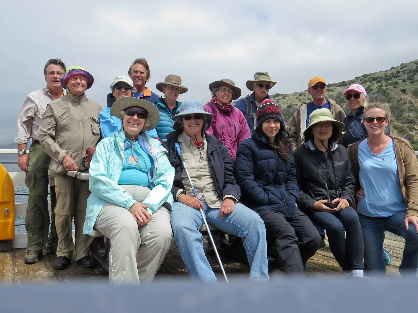 Santa Cruz Island Trip, Group photo (from left to right), Back: Chuck Rennie, Larry Disharoon, Diane Galvan, Rick Zelazny, Diana Blanchard, Diane Fox, Steve Junak, Dale Parks, Inge Rose. Front: Jan Stone, Madeline Fay, Michelle Gee, Irene Lam, Kate Davis