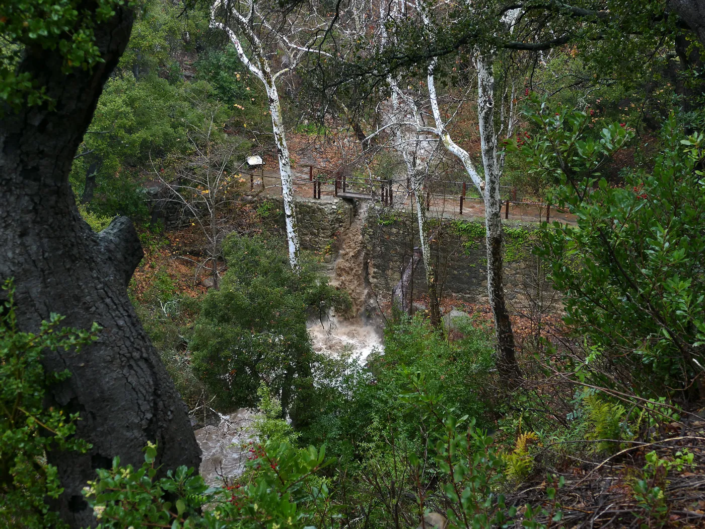 Misson Dam waterfall during rainstorm