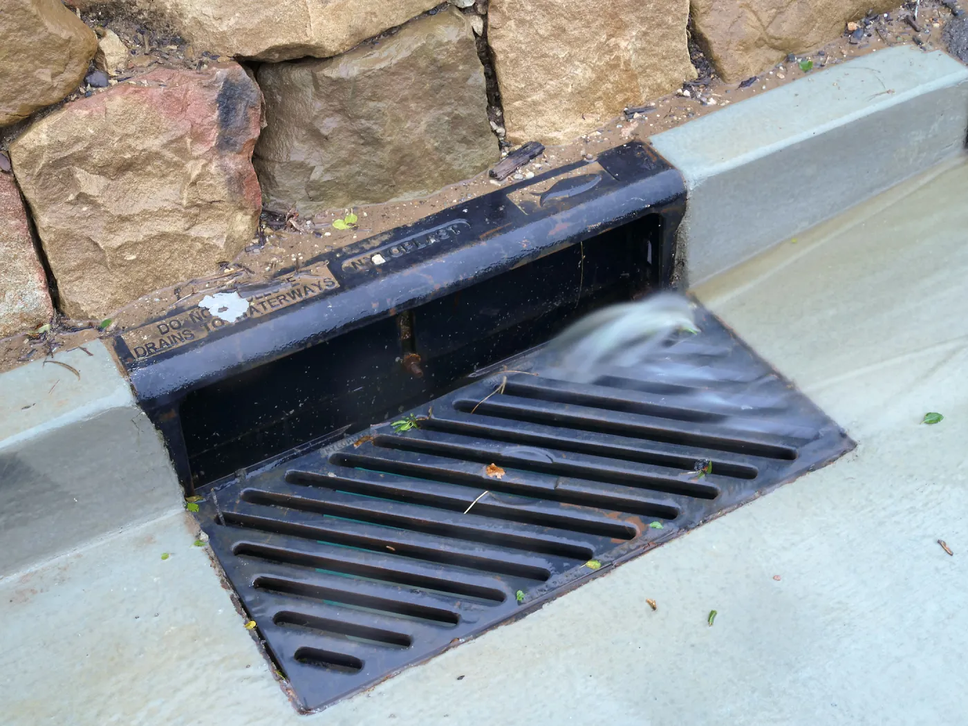 Rainwater entering a storm drain leading to the Pritzlaff Conservation Center bioswale